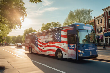 City Bus with American Flag Design on the Street at Sunset