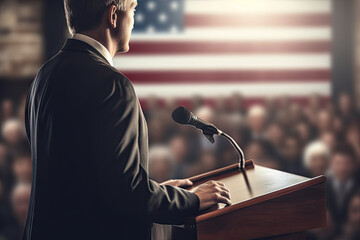 Politician Speaking at Podium with American Flag Backdrop - obrazy, fototapety, plakaty