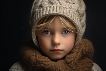 A portrait of a beautiful little girl in a knitted hat and scarf. Winter fashion.