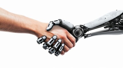 Handshake between human and AI robot. Photographic illustration of a man's hand and an Artificial Intelligence hand on a white background, interaction between machine and people, friendship