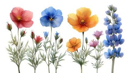 Fototapeta na wymiar Wildflowers watercolor illustration isolated on white background. Perfect for wedding invitations. Summer flowers, ,generative ai 