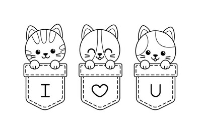 Coloring book. Kittens on pockets. Black and white cats. Vector