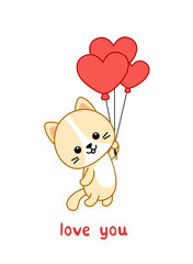 Kitten is flying by balloons in form of hearts. Card. Love you. Kawaii, cartoon, vector