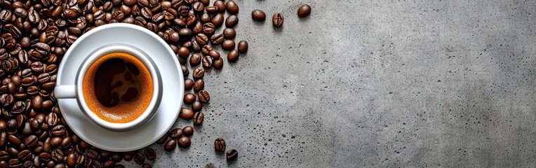 Aromatic espresso served in rustic setting culture. Freshly roasted coffee beans creating inviting...