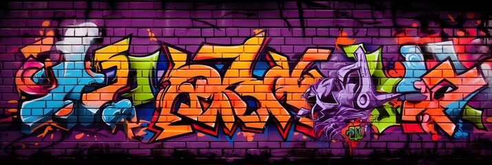 Naklejka premium Graffiti background on a brick wall, black yellow purple. Banner