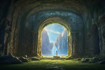 A mystical and enchanting portal shrouded in a surreal aura, its ancient and weathered stone arches beckoning explorers to step into another world. - obrazy, fototapety, plakaty