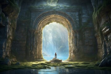 A mystical and enchanting portal shrouded in a surreal aura, its ancient and weathered stone arches beckoning explorers to step into another world.