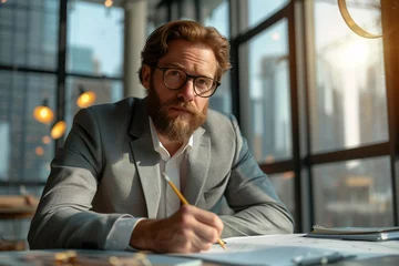 Foto op Plexiglas Homme barbu avec des lunettes en train de travailler sur un bureau © Romain