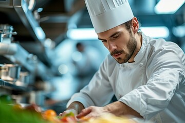 Cuisinier dans un grand restaurant en tenue de travail - obrazy, fototapety, plakaty