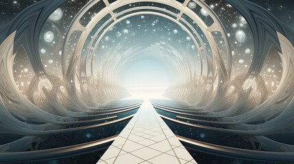 Background that features a bridge or portal connecting two different dimensions, with contrasting elements from each dimension extending in opposite directions.