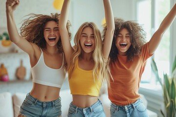 Trois jeunes femmes heureuses en train de sourire - obrazy, fototapety, plakaty