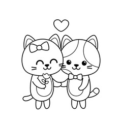 Coloring book. Kittens in love. Black and white cats. Vector