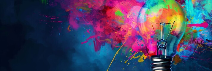 Creative light bulb explodes with colorful paint and colors. New idea, brainstorming concept. Bright banner with splashes