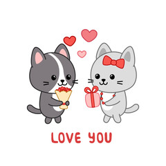 Kitten is congratulating each other by Valentine day. Love you. Card. Kawaii, cartoon, vector