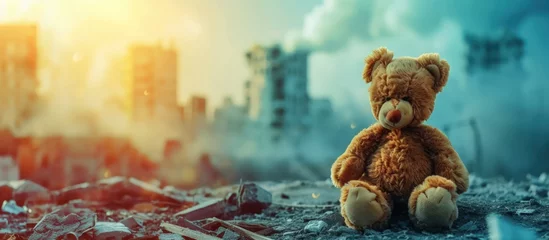 Tuinposter A teddy bear toy on the ruins of a city destroyed by war conflict. AI generated images © is