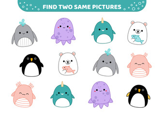 Kawaii animals of North Pole. Squishmallow. Find two same pictures. Game for kids. Cartoon vector © Aleksandra