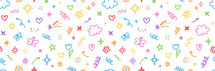 Cute kid scribble doodle icons seamless pattern. Flower star heart butterfly rainbow cloud.