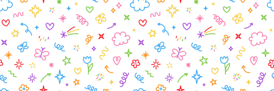 Naklejki Cute kid scribble doodle icons seamless pattern. Flower star heart butterfly rainbow cloud.