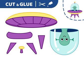 UFO in purple flying saucer. Cut and glue. UFO. Applique. Paper game. Vector