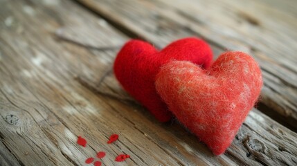 Fototapeta premium two red felted hearts on a wooden background - love/romance/valentines concept