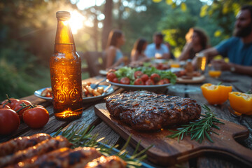Grilled juicy meat with vegetables and cold sweat beer put on wooden table with group of friends in the background ai generated art. 