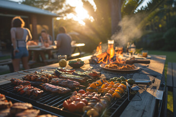 Table with barbecue with meat on it and grilled vegetables with people in background ai generated art.