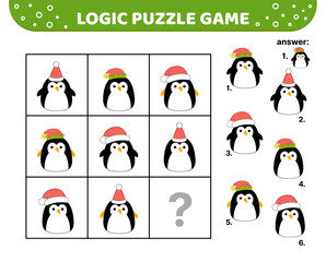 Logic puzzle game with penguins in Christmas hats. Squishmallow. For kids. Cartoon, kawaii, vector