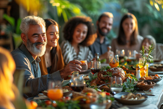 Big family at garden table having meal outside for celebrating holiday ai generated art