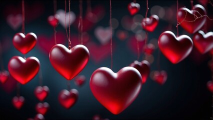 Illustration of Valentine s Day abstract background, flying hearts, and particles on a Dark Background - AI-generated