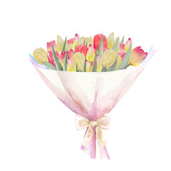 Watercolor illustration of a bouquet of colorful tulips. Bouquet of handmade tulips. Spring greeting card concept.