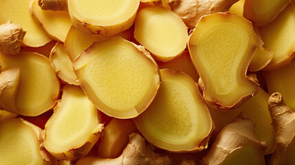 Fresh ginger slices as background, top view. Healthy food concept.