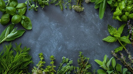 Variety of fresh herbs on dark background. Top view with copy space. - obrazy, fototapety, plakaty