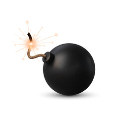 Realistic bomb with burning fuse, cannonball or TNT explosive, vector dynamite ball. Black bomb with fire wick fuse sparks for boom or detonator and explosive weapon, isolated realistic object