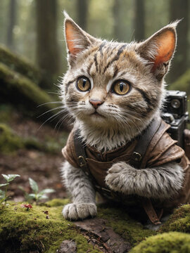 Fantasy Fur: Whimsical Cat in the Woods. Generative AI
