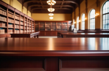 Empty wooden desk counter. Blurry old library interior with table. Table-top view on blurred...
