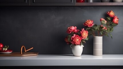 front view on kitchen cabinet furniture, sink and faucet, vase with bloom flowers, ceramic food containers and fresh basil on dark countertop