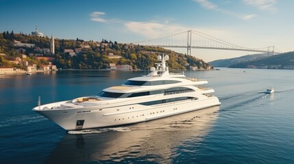 Fototapeta premium A modern, white cruise ship near the pier, side view. Travel and vacation