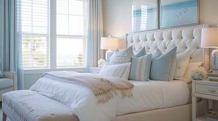 Fototapeta premium A coastal-themed bedroom with nautical decor, light blues, and beach-inspired accessories.