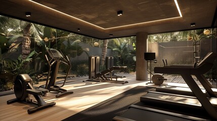 A contemporary home gym equipped with state-of-the-art fitness equipment and motivational decor.