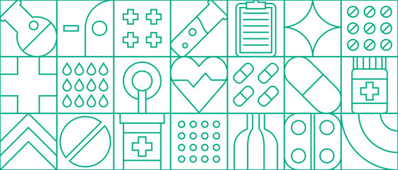 Medical health in modern line geometric pattern or mosaic tile, vector background. Medicine and pharmacy pattern in thin line geometry with pills, heart and pharmaceutical vial in geometric outline - 722765587