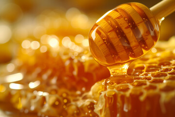 Natural Golden Honey Dripping from Wooden Dipper - Closeup Shot - obrazy, fototapety, plakaty