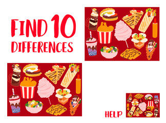 Find ten differences of fast food, desserts and drinks vector game puzzle quiz. Junk meal worksheet of matching cartoon corn dog, chicken legs, wok noodles and egg burger, shawarma, salad and cocktail
