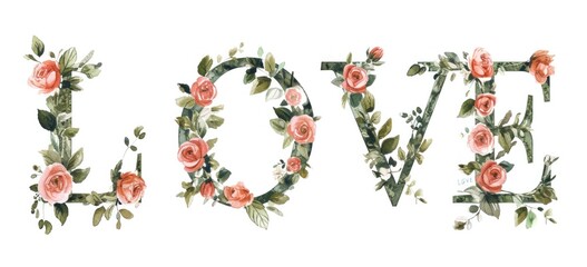 Floral letters forming word love on white background. Romantic design elements.