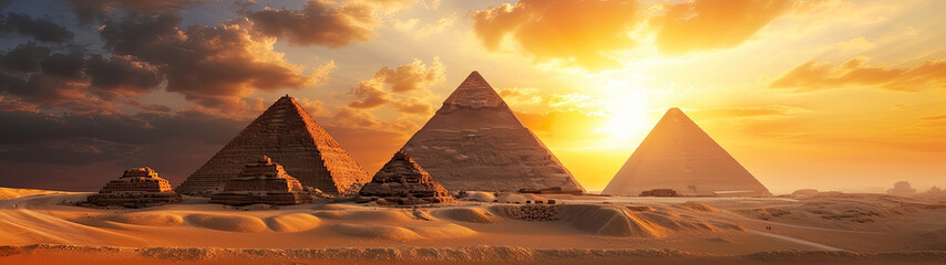Egypt desert with pyramids and ruins