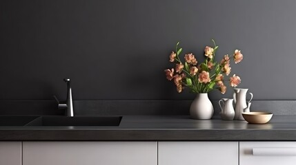 front view on kitchen cabinet furniture, sink and faucet, vase with bloom flowers, ceramic food containers and fresh basil on dark countertop