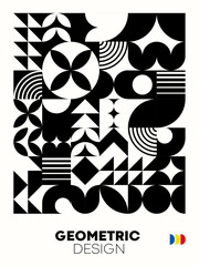 Modern monochrome abstract poster with geometric bauhaus pattern. Contemporary vector layout feature bold simple shapes and minimalist design that evoke a sense of minimalism and artistic precision