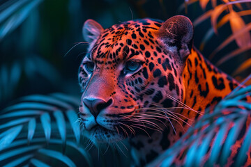 A dramatic portrayal of a leopard heart, with a bold mix of contrasting neon and dark shades,
