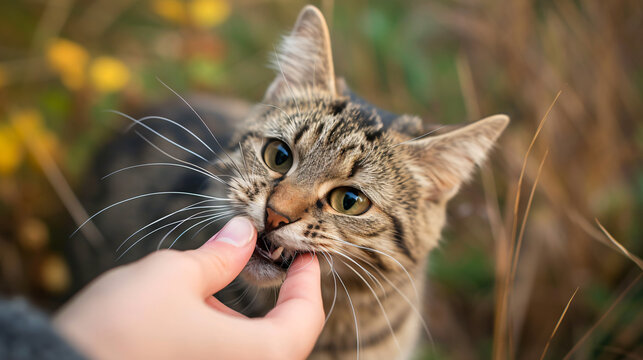 Portrait of tabby cat biting and scratching owner