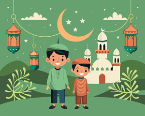 Cartoon character ramadan kareem eid mubarak moslem illustration Vector
