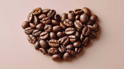 Coffee beans arranged in the shape of a heart, set against a romantic, soft-hued background,